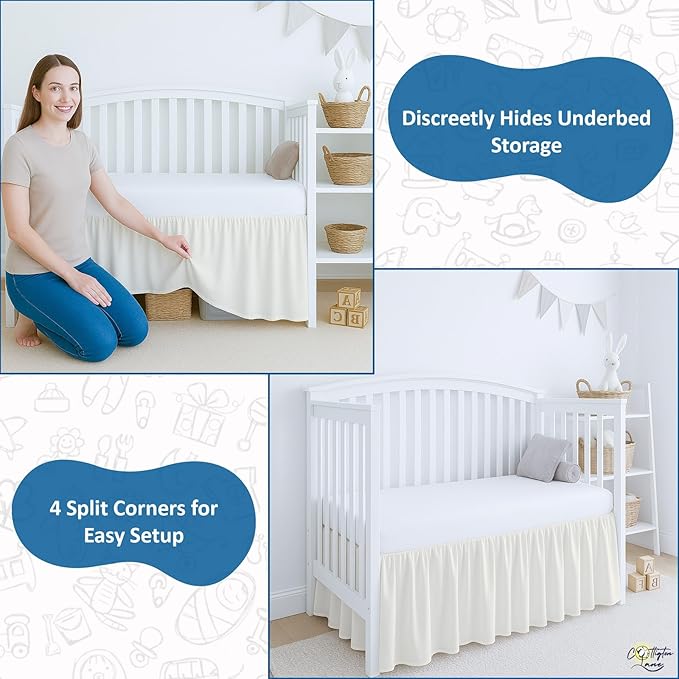 Cottington Lane Ivory Infrant Crib Bed Skirt Dust Ruffle with Split Corner, 100% Natural Cotton Nursery Crib Toddler Bedding Skirt for Baby Girls or Boy, Fits Standard Cribs 28" x 52" with 14" Drop
