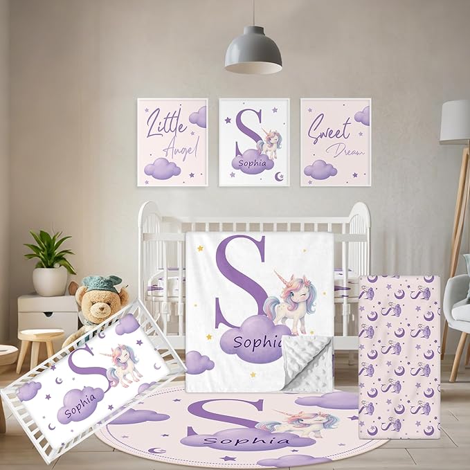 5 Piece Customized Crib Bedding Set for Girls - Custom Name Baby Crib Purple Unicorn Nursery Bedding Set with Soft Blanket, Fitted Sheet, Rug, Personalized Gifts for Toddlers, Newborns, Infants