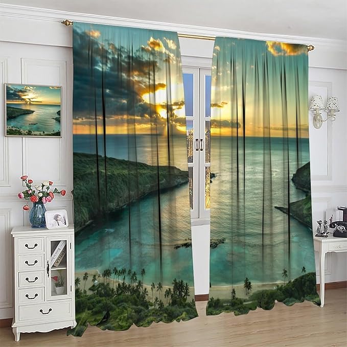 Ocean Beach Curtains,OceanMorning Sunrise Hawaiian Seaside Scene Pattern Blackout Print Home Bedroom Living Room Window Treatments 2 Panel Set 63x72 Inch