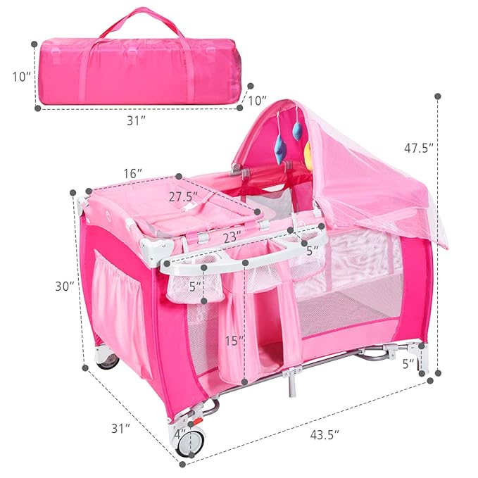 Costzon 4 in 1 Pink Pack and Play with Bassinet, Portable Baby Playard with Adjustable Canopy, Side Zipper Entrance, Music Box, Wheels/Brake, Foldable Infant Pink Bassinet for Baby Girl Toddlers
