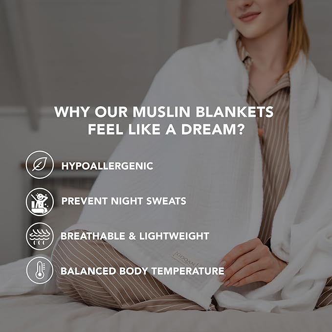 Goqan Muslin Blanket Queen 79x90 – 100% Cotton 4 Layer Boho Muslin Blanket for Adults, Lightweight, Soft, Breathable for Bed - White
