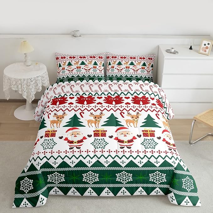 Feelyou Merry Christmas Kids Comforter Set King Size Santa Claus Bedding Set Cute Deer Duvet Quilt for Kids Boys Girls Bedroom Snowflake Decor Microfiber Ultra Soft Breathable