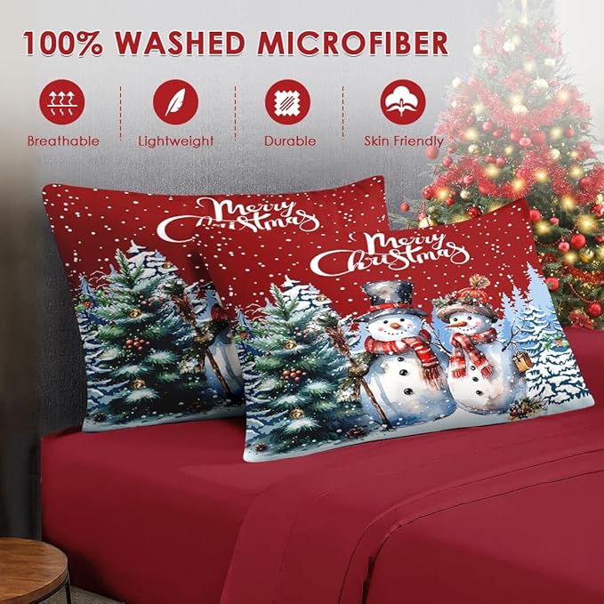7 Pcs Queen Size Christmas Comforter Set with 2 Pillowcases & 2 Shams, Winter Wonderland Bedding for Kids and Adults, Happy Snowman Bed in a Bag with Flat Fitted Sheet