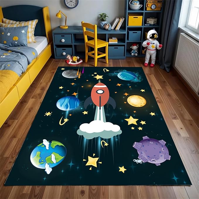 4x5ft Outer Space Rug - with Rocket and Planet Design, Non-Slip Washable,Kids Rugs for Playroom Easy Care Rug, for Children's Room, Toddlers, Classroom, Playroom, Baby Daycare