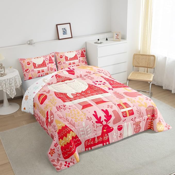 Feelyou Cute Santa Claus Bedding Set for Kids Boys Girls Queen Size Xmas Deer Elk Decor Comforter Set Ultra Soft Comforter Xmas Tree Duvet Quilt Bedroom Decor Christmas Decor Quilt