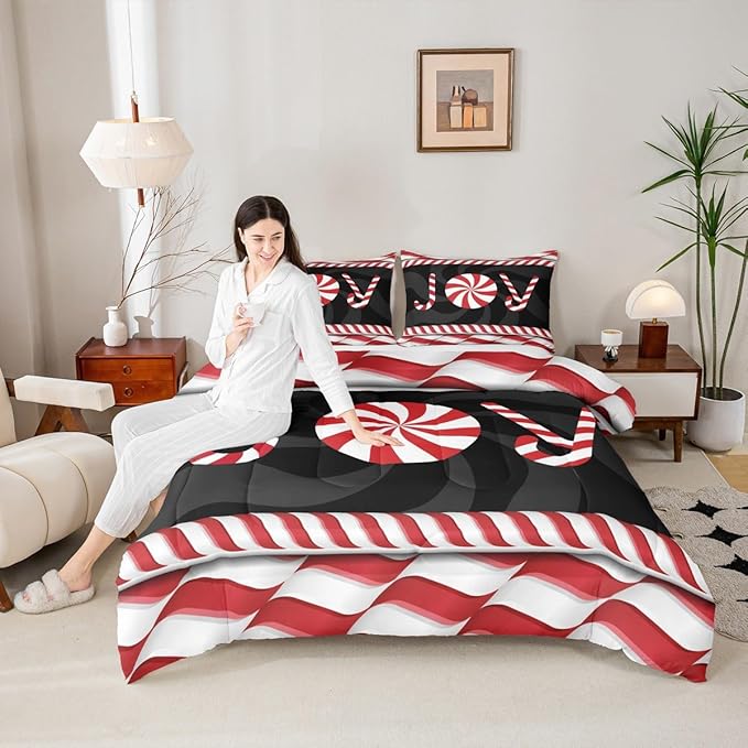 Kids Merry Christmas Comforter Set Full Size,Holiday Joy Sweet Candies Bedding,Girls Boys Adults Bedroom/Xmas Cabin Decor,Wave Geometric Retro Down Comforter,Red Black Duvet Insert,2 Pillowcases