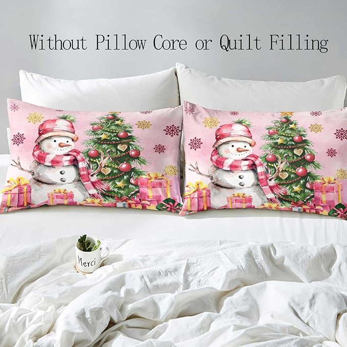 LUVIVIHOME 3PCS Snowman Duvet Cover Full Bedding Set, Pink Duvet Cover, Kids Teens Girls Bedding, Christmas Tree Snowflake Holiday New Year Xmas Gifts Christmas Comforter Quilt Cover, 2 Pillow Shams