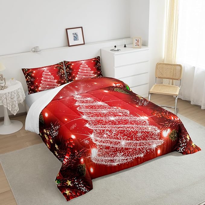 Feelyou Kids Merry Christmas Decorations Comforter Set, Kids Santa Tree Bedding Set Twin Size for Boys Girls Teens Xmas Christmas Bell Decor Comforter Glitter Red Quilt Set