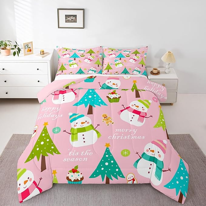 Erosebridal Merry Christmas Comforter Set for Kids, Pink Xmas Decor Bedding Set King Size, Cartoon Snowman Quilts Christmas Tree Down Comforter for Girls Boys Teens Bedroom Decor