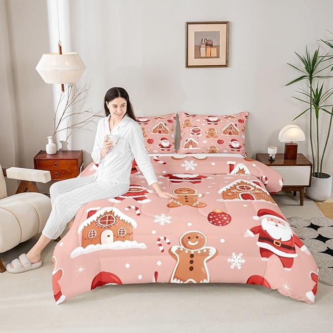 Feelyou Christmas Kids Comforter Set Twin Size Santa Bedding Set Gingerbread Man Duvet Quilt for Kids Boys Girls Bedroom Snowflake Decor Microfiber Ultra Soft Breathable