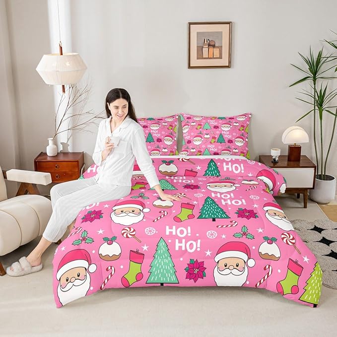 Feelyou Pink Merry Christmas Comforter Set All Season Santa Claus Bedding Set with 1 Pillow Cases Xmas Microfiber Kids Toddler Bedclothes Happy New Year Bedroom Decor Duvet Quilt Soft Lightweight