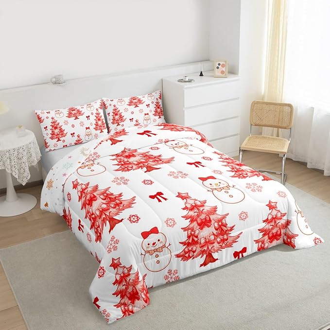 Feelyou Merry Christmas Comforter Set Full Size Cute Snowman Bedding Set for Kids Boys Girls Cartoon Bowknot Duvet Quilt Christmas Tree Microfiber 3 Pcs with 2 Pillow Cases