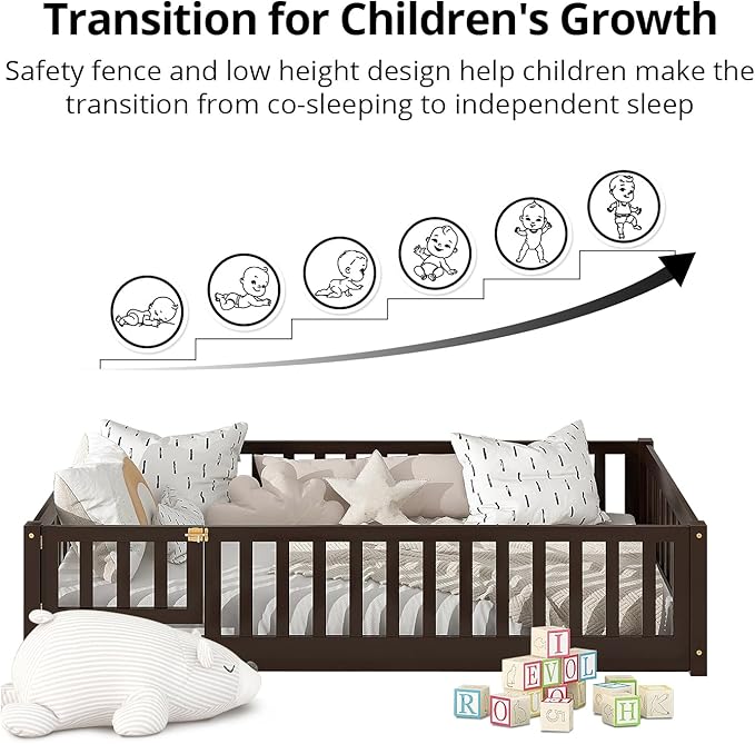 i-POOK Full Floor Bed for Children, Sturdy Wood Montessori Bed Frame with Wood Slats, Fence & Door for Girls and Boys, Espresso (with Bed Slats)