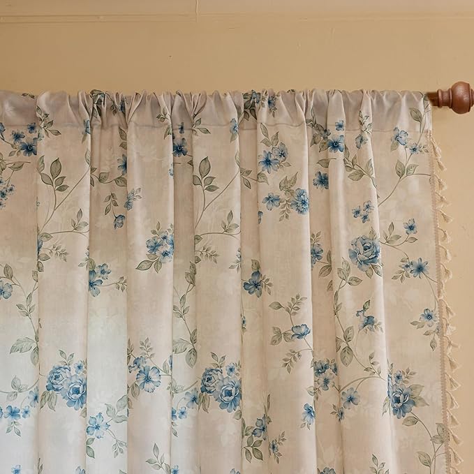 ENJOYBRIDAL Blue Floral Curtains 84 Inch Long Bedroom Cute Drapes Rod Pocket Boho Semi Sheer Rustic Window Curtain Panels Floor Length Living Room Farmhouse 2 Panels Vintage Window Treatments