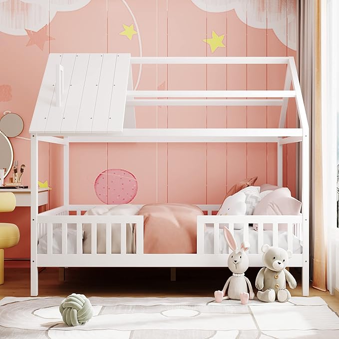 Bellemave Full House BedFrame with Roof, Montessori Floor Bed, House Bed with Rails for Kids, White