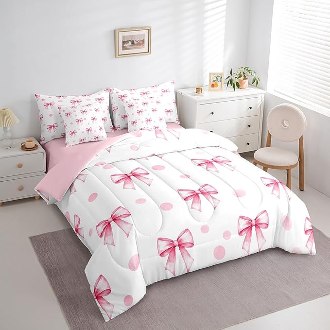 7 Pieces Pink Bow Princess Comforter Queen,Bowknot Geometric Dots Toddler Bedding Set,Butterfly Knot Bow Tie Romantic White Simple（Comforter+Fitted+Flat Sheet+2 Pillowcases+2 Throw Pillow Covers）