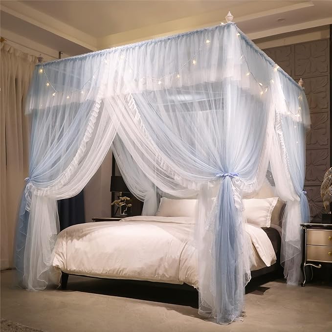VETHIN 4 Corners Post Ruffle Princess Bed Canopy Curtain-Double Layer Cozy Drape Netting 4 Opening Mosquito Net for Girls Adults Bedroom Decoration (Gray/White,64" W*82" L*82"*H/Queen)