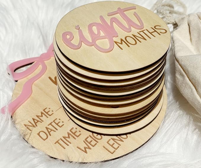 Monthly Baby Milestone Cards for Girls – 13 Wooden 3D Milestone Discs with Hello World Birth Announcement Sign – Newborn Photo Props for Baby Girl
