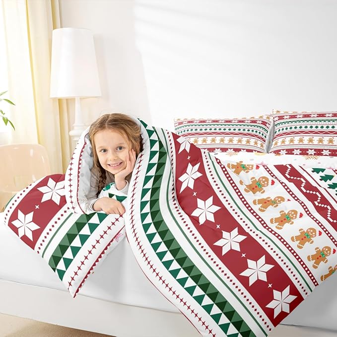 Feelyou Merry Christmas Bedding Set Soft for Boys Girls, Gingerbread Man Comforter Set Queen Size Duvet Quilt Microfiber Striped Bedroom Decor 3 Pcs with 2 Pillow Cases