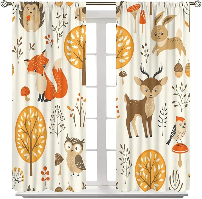 Kids Forest Animal Curtains,Baby Bedroom Window Treatments, Cartoon Watercolor Forest Animal Lion Boys Girls Children Bedroom Drapes 42x45 Inch
