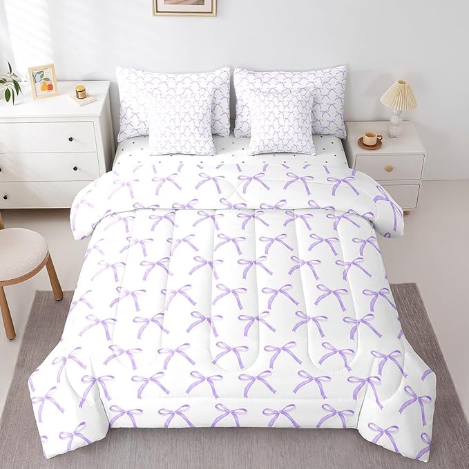 Manfei 7 Pieces Cartoon Bowknot Kids Comforter Queen Size,Bow Tie Fashion Princess Girls Bedding Set,Cute Bow Geometric Purple Romantic（Comforter+Fitted+Flat+2 Pillowcases+2 Throw Pillow Covers）