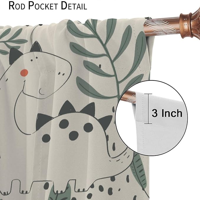 Funny Dinosaur Curtains, Jungle Cute Cartoon Animals Tropical Leaves Plant Beige Green Print Blackout Window Treatments for Kids Boys Girls Bedroom Living Room 72x63in