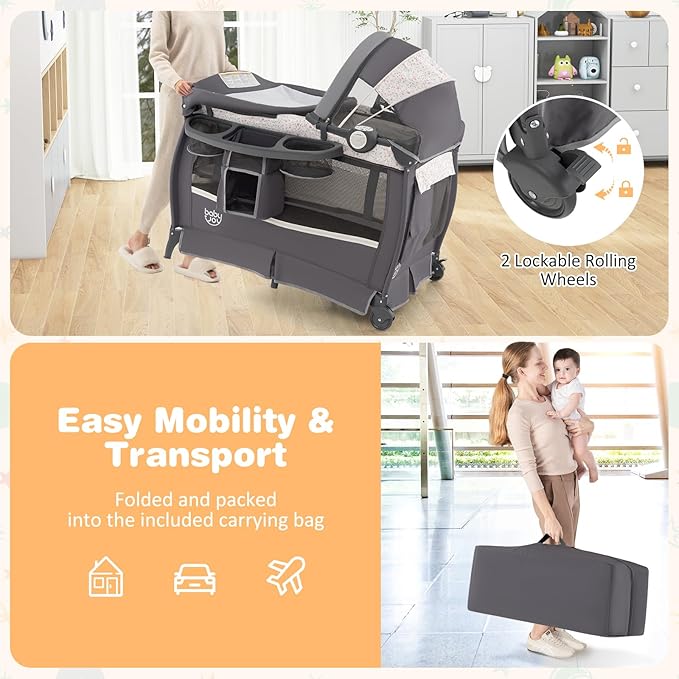 BABY JOY 4 in 1 Pack and Play, Portable Baby Playard with Bassinet & Flip-away Changing Table, Canopy, Infant Bassinet Activity Center with Storage Basket, Oxford Bag from Newborn to Toddlers (Floral)