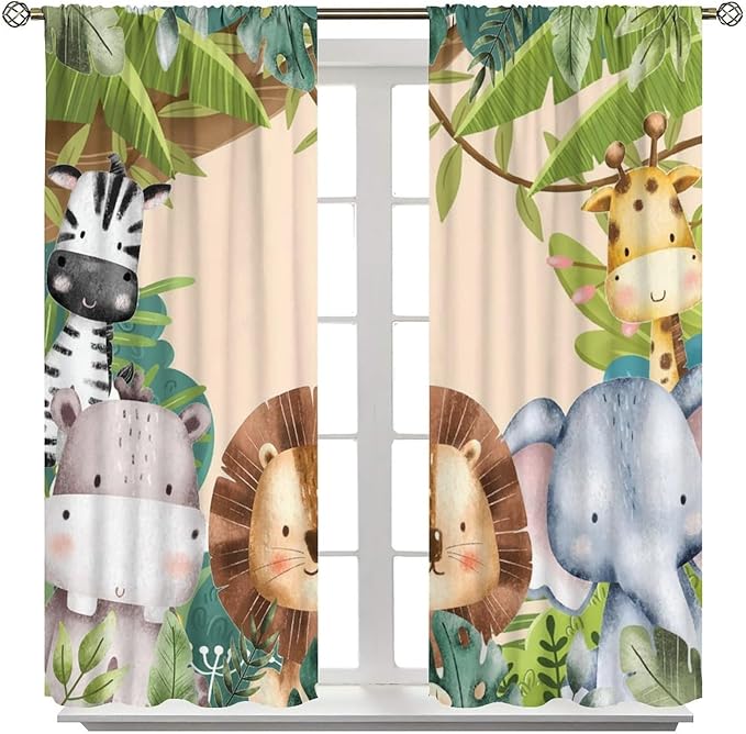 Jungle Animals Curtains Colorful Forest Cartoon Wildlife Lion Giraffe Elephant for Kids Boys Girls Nursery Bedroom Living Room Blackout Rod Pocket Decoration Window Drapes 2 Panels W21xL45in