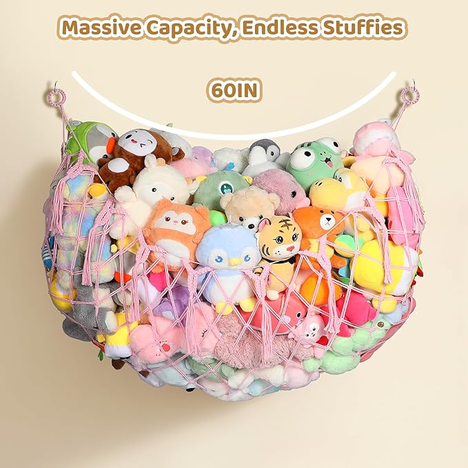 Yecaye 60 IN Stuffed Animal Hammock, Hanging Stuffed Animal Storage with Handmade Macrame Tassels, Net for Stuffed Animals Corner Large for Nursery Living Room Wall Decoration, Fairy Pink