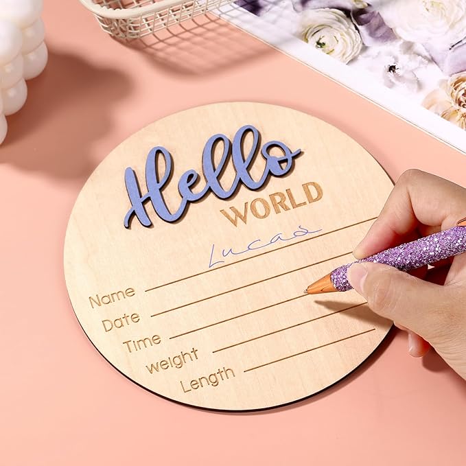 Newborn Announcement Sign, 5.9 Inch/15cm Wooden Hello World Plaques Baby Welcome Sign Birth Newborn Name Plaques for Boys and Girls Photo Props Baby Shower Hospital Nursery (Blue)