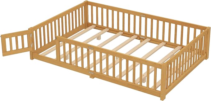 Bellemave Queen Size Floor Bed with Rails for Kids, Girls, Boys, Pine,Plywood Floor Bed with slats and Door, Natural