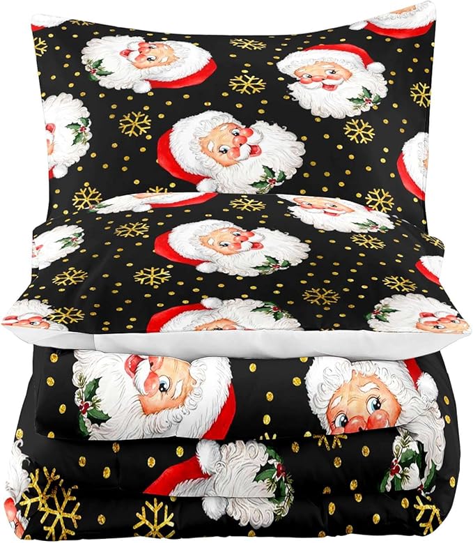 LUVIVIHOME 3PCS Merry Christmas Comforter Set Full Size, Gold Snowflake Funny Cute Santa Claus Bedding, Christmas Bedroom Decor, Soft Breathable Microfiber Black Quilt, Xmas Gifts, 2 Pillow Shams