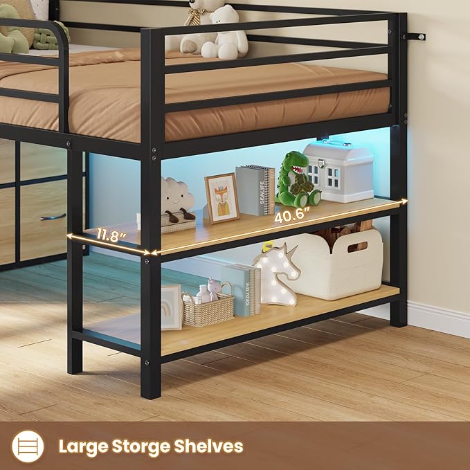 BTHFST Low Loft Bed Twin Size with 6 Storage Drawers, LED Lights, 2 Tier Storage Shelves, Kids Metal Loft Bed with 15" H Stairs & Safety Guardrail, Spave Saving, Black & Natural
