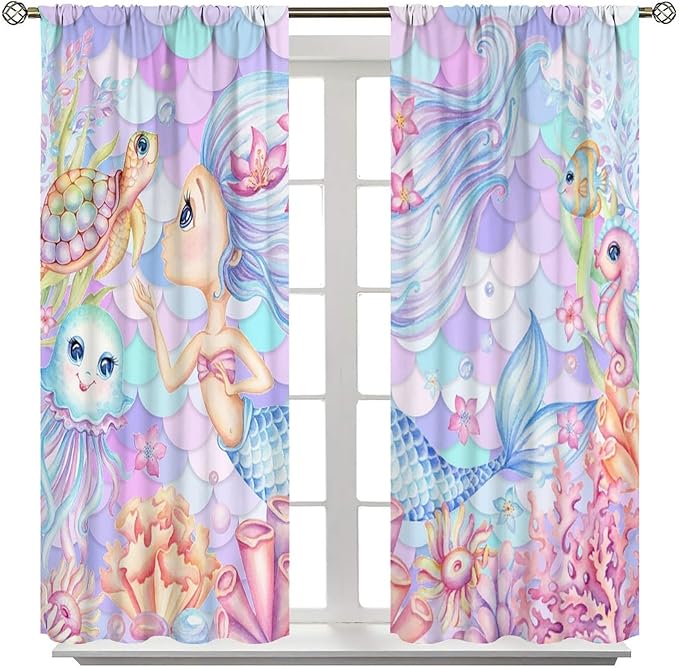 Fantasy Mermaid Curtain Dream Cartoon Marine Organisms Turtle Coral Ocean Theme Dream Blackout Window Treatment for Kids Girls Bedroom Nursery Room Decor Rod Pocket Window Drapes 72x63in