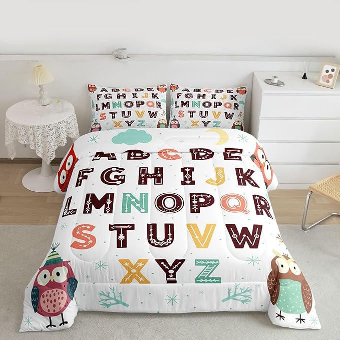 Feelyou Alphabet Kids ABC Learning Comforter Set Queen Size Cartoon Owls Bedding Set for Kids Boys Girls Educational Nursery Art Duvet Quilt Wildlife Bedroom Decor 3 Pcs with 2 Pillow Cases