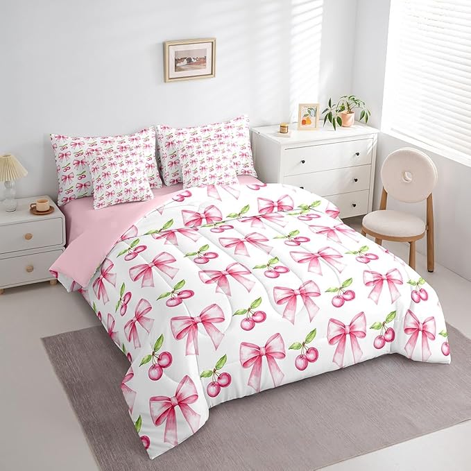7 Pieces Pink Bowknot Kids Comforter King,Cherry Tropical Fruit Cartoon Bedding Set,Bow Tie Butterfly Knot Princess Dreamy Fashion（Comforter+Fitted+Flat Sheet+2 Pillowcases+2 Throw Pillow Covers）