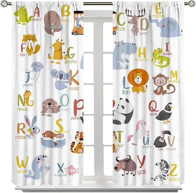Kids Alphabet Curtains Funny Cartoon Educational Learning Cute Animal Zebra Curtain with Rod Pocket for Bedroom Living Room Decor Drapes Window Treatments 2 Panels Set 63" W X 72" L