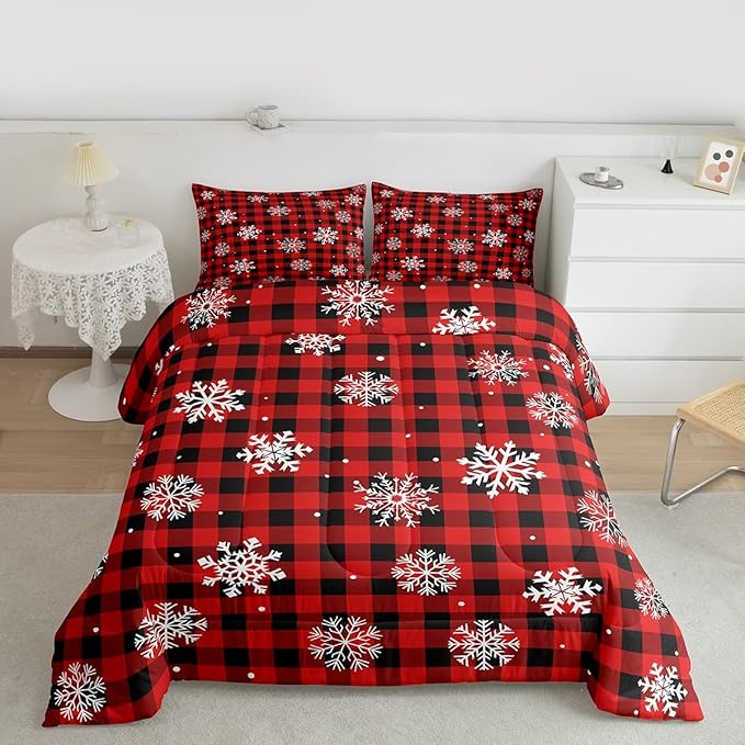 Feelyou Christmas Kids Comforter Set Toddler Size Snowflake Red Bedding Set Red Black Plaid Duvet Quilt for Kids Boys Girls Bedroom Winter Snow Decor Microfiber Ultra Soft Breathable