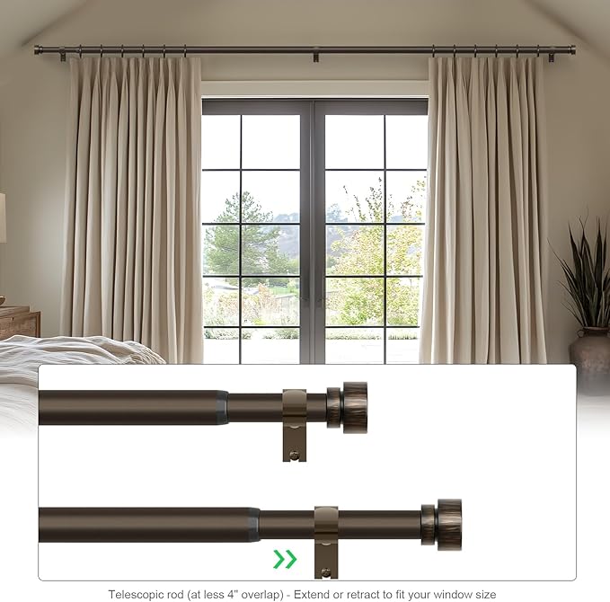 Dark Brown Curtain Rods for Windows 72 to 144 Adjustable Modern Curtain Rod 1 inch Diameter Heavy Duty with Decorative Finials for Living Room Bedroom Farmhouse Outdoor Patio