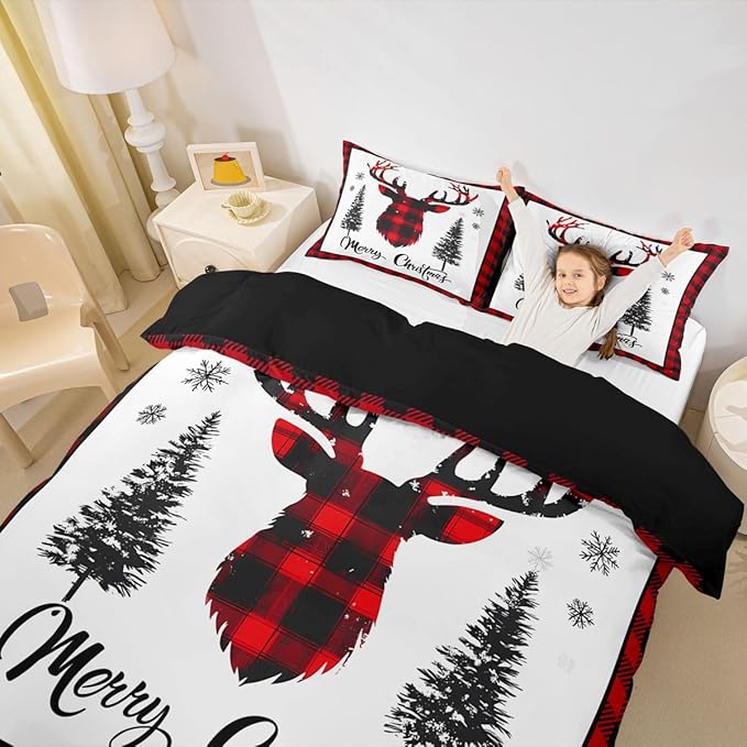 jejeloiu Christmas Bedding Set for Kids Boys Girls Xmas Deer Elk Antlers Comforter Cover Set Queen Size Buffalo Check Grid Duvet Cover Bedroom Decor Xmas Bedding Collection 3Pcs