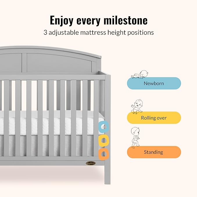 Dream On Me Storybrooke 5-in-1 Convertible Full-Size Baby Crib in Pebble Grey, GreenGuard Gold & JPMA, Convert to Toddler, Day & Full-Size Bed, Sustainable Pinewood, 3 Mattress Heights