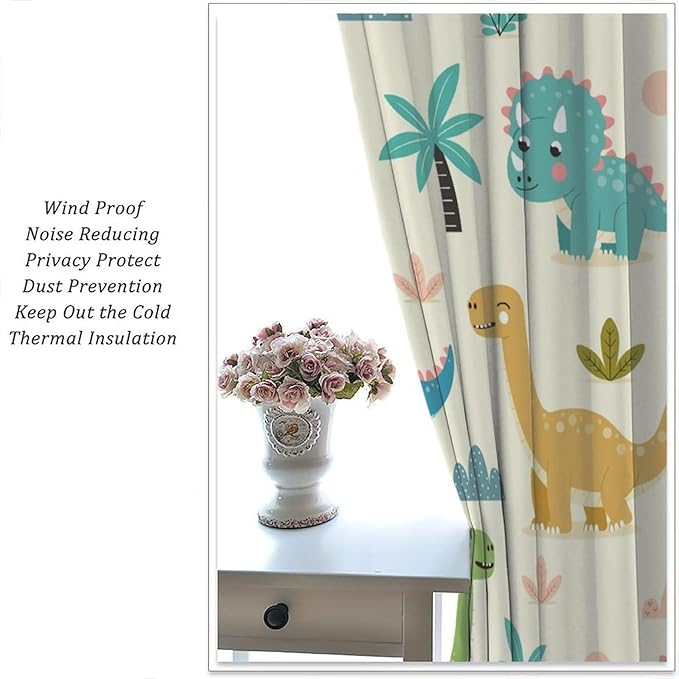 Fun Dino Curtains, Cute Colorful Dinosaur Pattern Blackout Window Treatments, Rod Pocket Thermal Insulated Drapes 2 Panel Sets for Children Boys Bedroom Nursery Classroom, 63" W X 63" L
