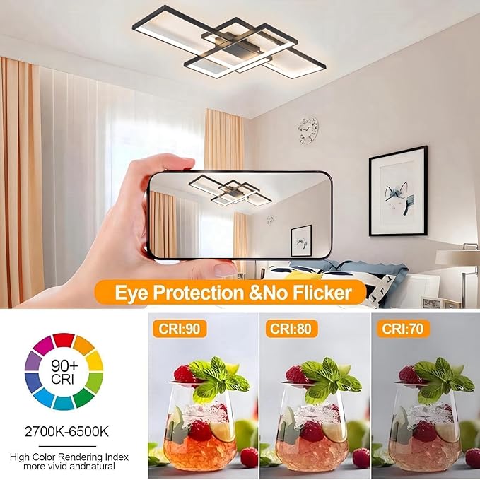 Flush Mount Modern LED Ceiling Light Fixture, With Remote Control Dimmable 3 Color Selectable Ceiling Lamp for Sitting Room, Kitchen, Bedroom, Hallway, Porch (Black, 55.1*31.5*2.5 IN)