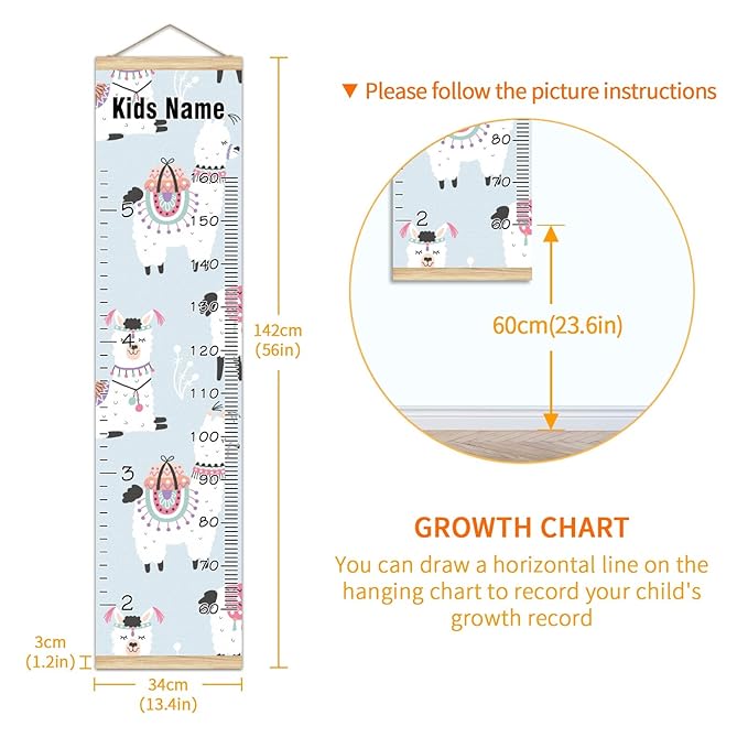 Personalized Kids Name Growth Chart Ruler for Wall Wood Frame Height Measure Chart 13.4x56 in Linen Hanging Height Growth Chart Funny Alpaca Llama Cacti Kids Room Decor
