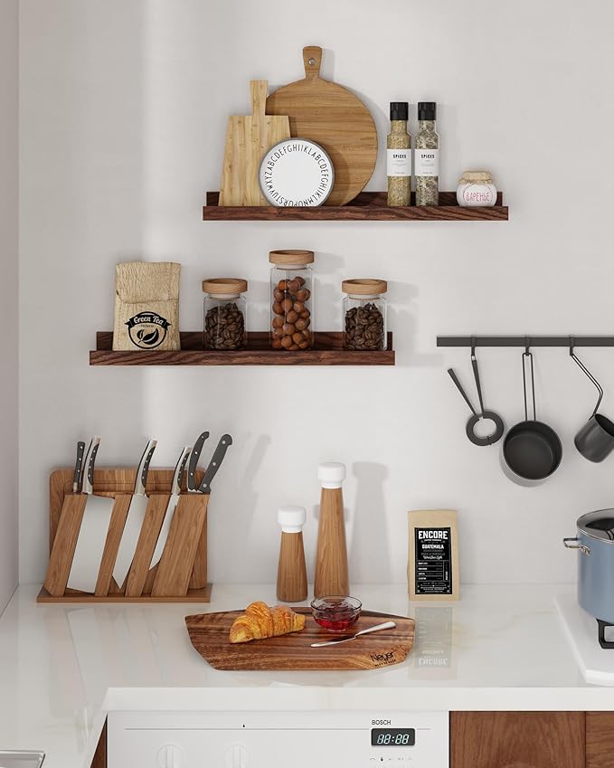 Axeman Oak Picture Ledge Shelf, 24 Inch Floating Shelves Set of 2, Solid Oak Wood Wall Shelves with Lip, Wall Decor Storage for Bedroom Living Room Bathroom Kitchen Nursery Photo Picture, Walnut