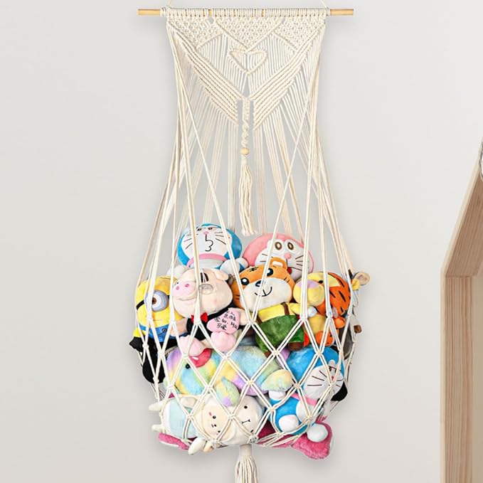 Stuffed Animal Storage, 5Ft Corner Hanging Stuffy Toy Hammock, Large Stuffed Animal Holder Organizer with Hooks, Macrame Plushie Net for Nursery Kids Playroom Bedroom Decoration (Cream)