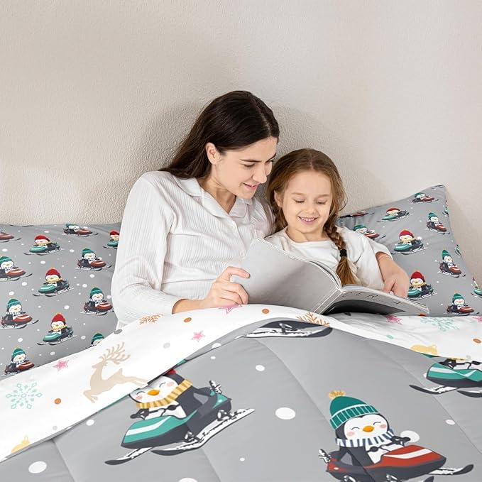 Feelyou Christmas Comforter Set All Season Gray Penguin Bedding Set with 1 Pillow Cases Cartoon Penguin Skiing Microfiber Kids Toddler Bedclothes Snowflake Bedroom Decor Duvet Quilt Breathable Soft