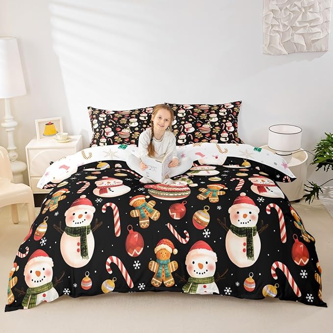 Feelyou Merry Christmas Duvet Cover Toddler Size Gingerbread Man Snowman Comforter Cover for Boys Girls Candy Cane Bell Xmas Decor Bedding Set 2Pcs Reversible Xmas Decor Room Decor
