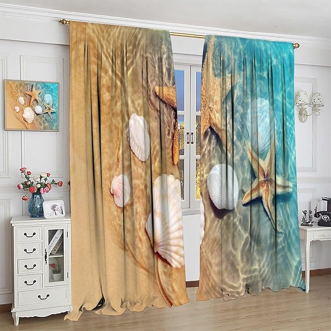 Beach Curtain for Bathroom Decor，Sea Turtle Starfish Seashell Nautical Ocean Coastal Scenery Art Printed Fabric Polyester Waterproof Set 2 Panels,72x63 Inches