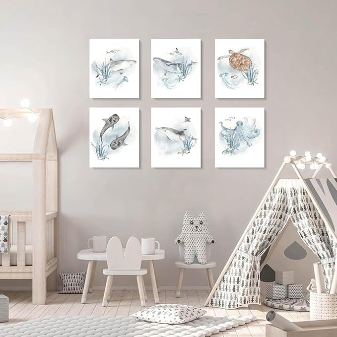 Wodkwq Nursery Wall Art Sea Animal Canvas Prints Baby Girl Boy Room Decor Watercolor Paintings Pictures Cute Ocean Theme Toddler Room Decoration Set of 6 for Kids Bedroom Bathroom 12x16in Unframed